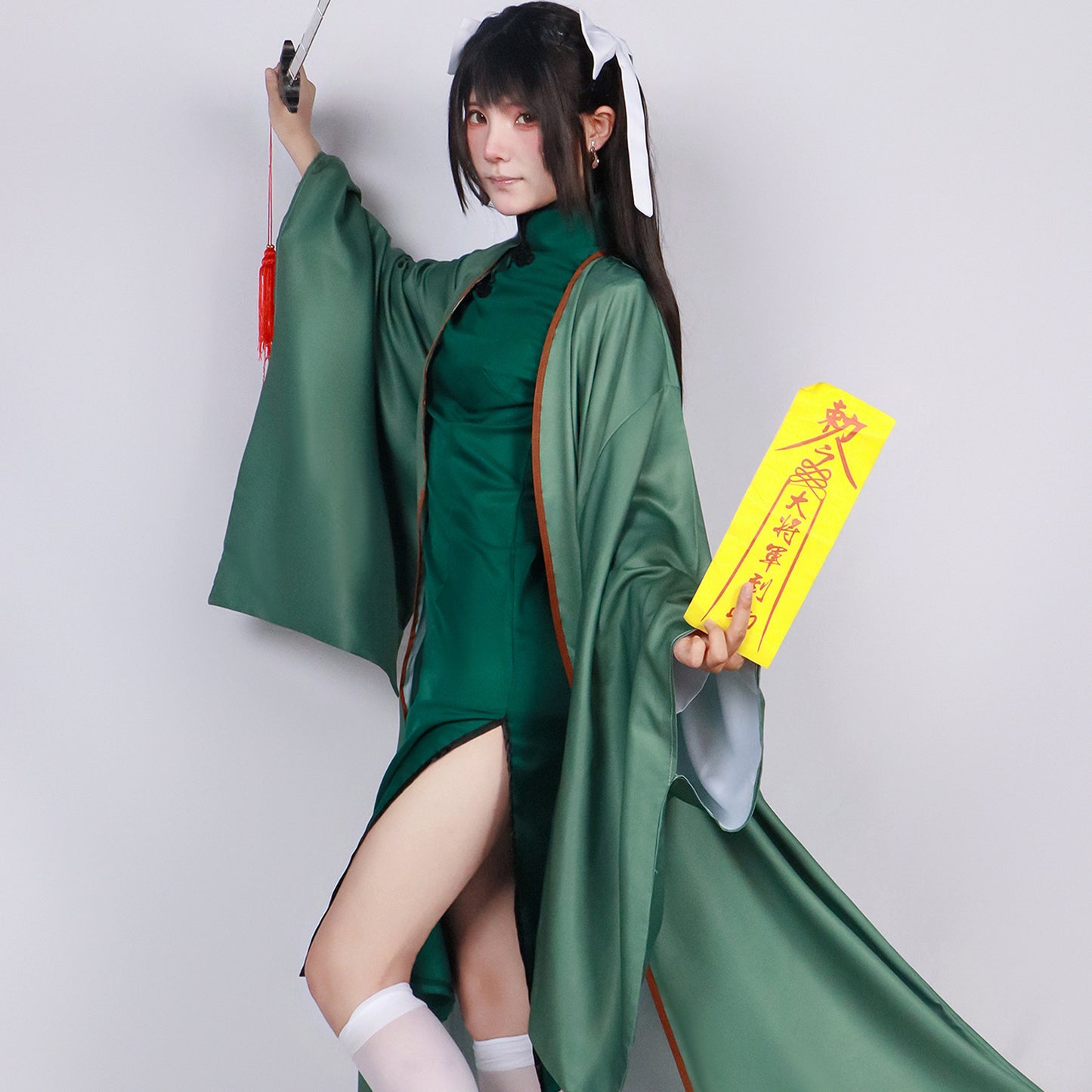 Medicine Finger Green Plate Button Clothes Republic of China Ming Ancient Style Cheongsam Cosplay Costume Outfit for Halloween