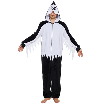 Adult White Fuzz Hooded Pajamas Scary Ghost Cosplay Costume for Halloween