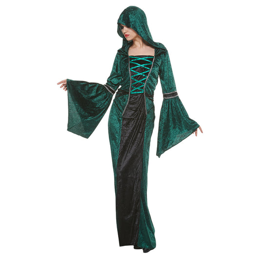 Medieval Women Wizard Cosplay Costume Emerald Green Witch Cosplay Hooded Dress for Halloween