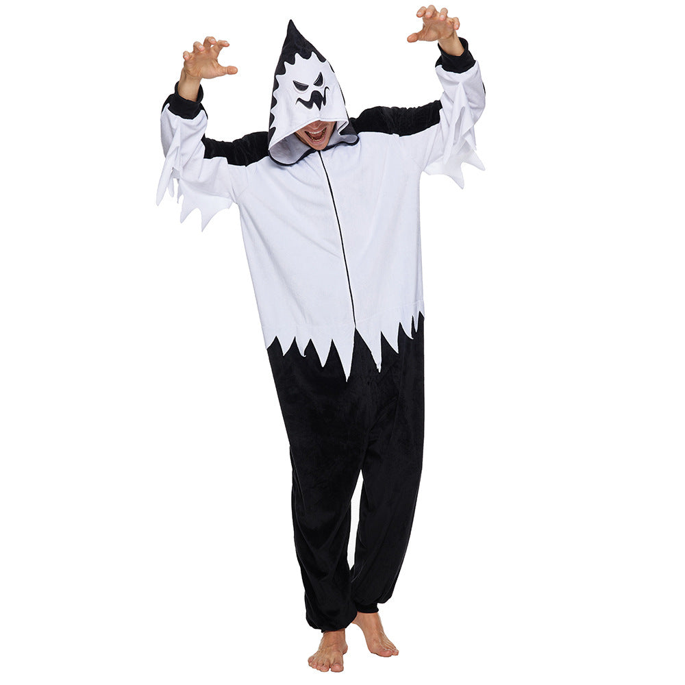 Adult White Fuzz Hooded Pajamas Scary Ghost Cosplay Costume for Halloween